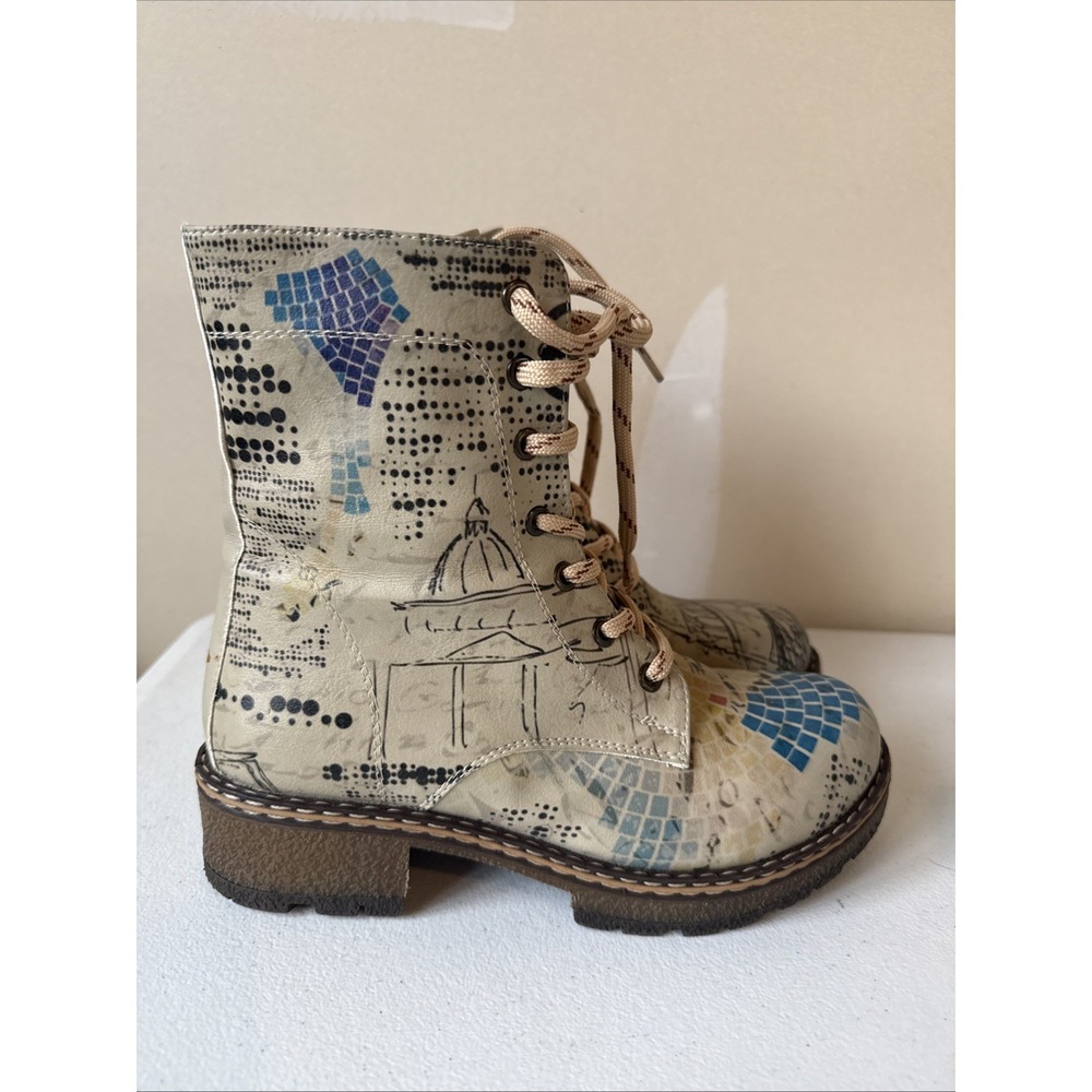 Goby  vegan leather long boots with the "Bonjour Paris" design. Lace Up.